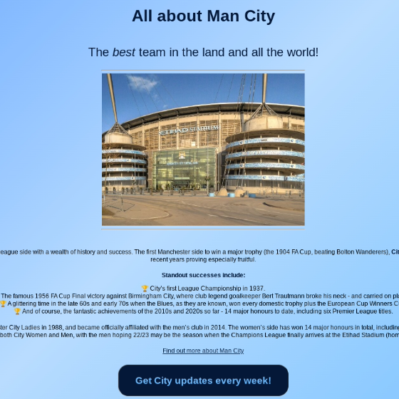 Screenshot of basic html site showing Etihad Stadium picture